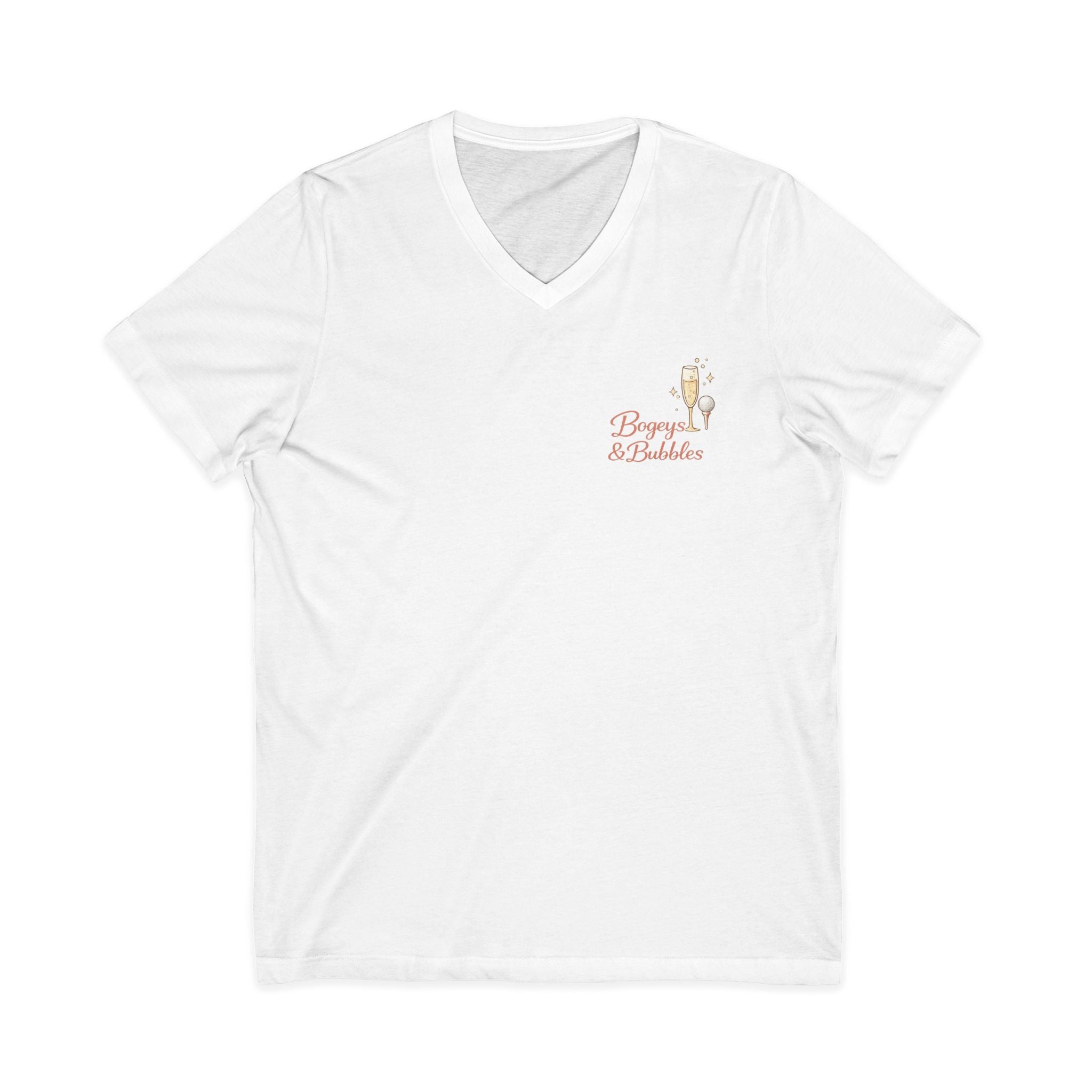 Bogeys & Bubbles V-Neck Tee — “Play Well, Sip Often”