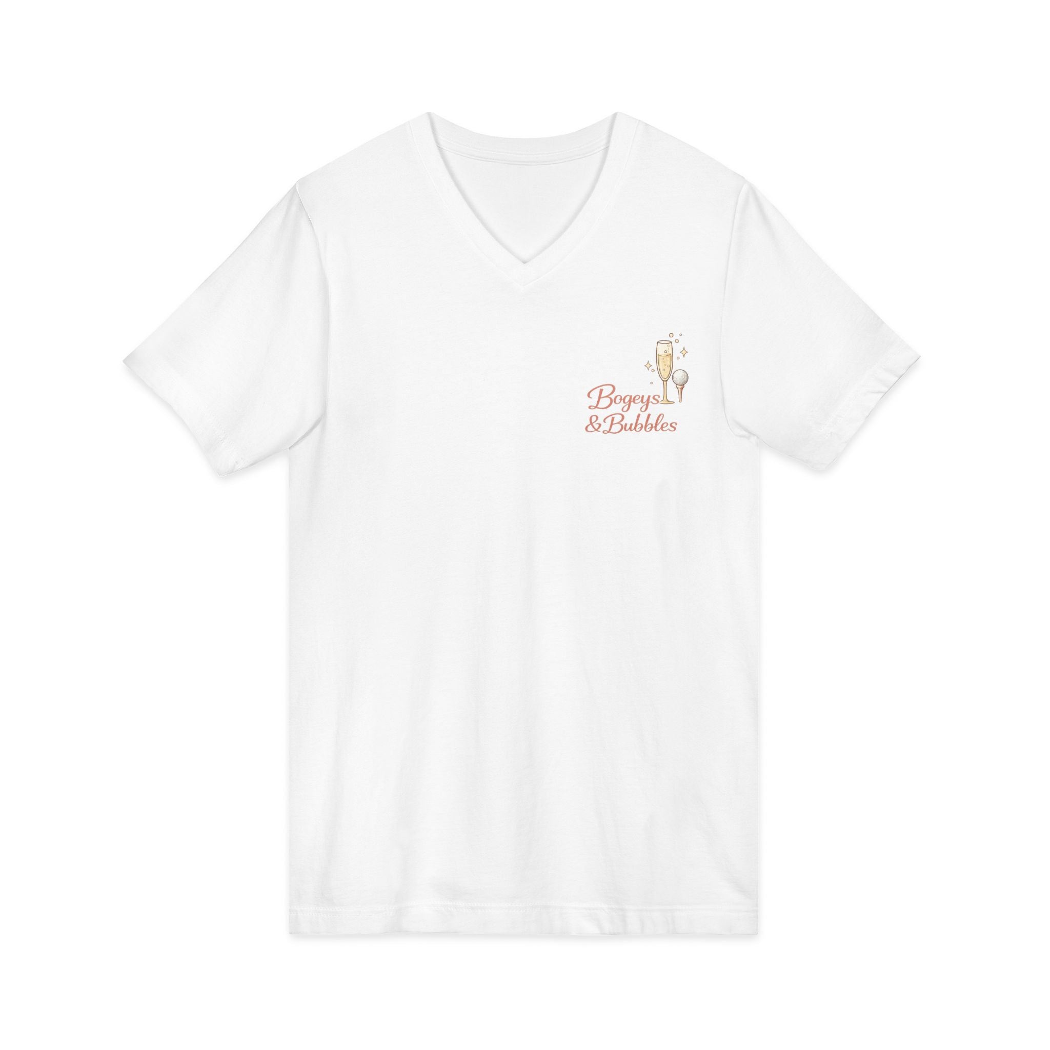 Bogeys & Bubbles V-Neck Tee — “Play Well, Sip Often”